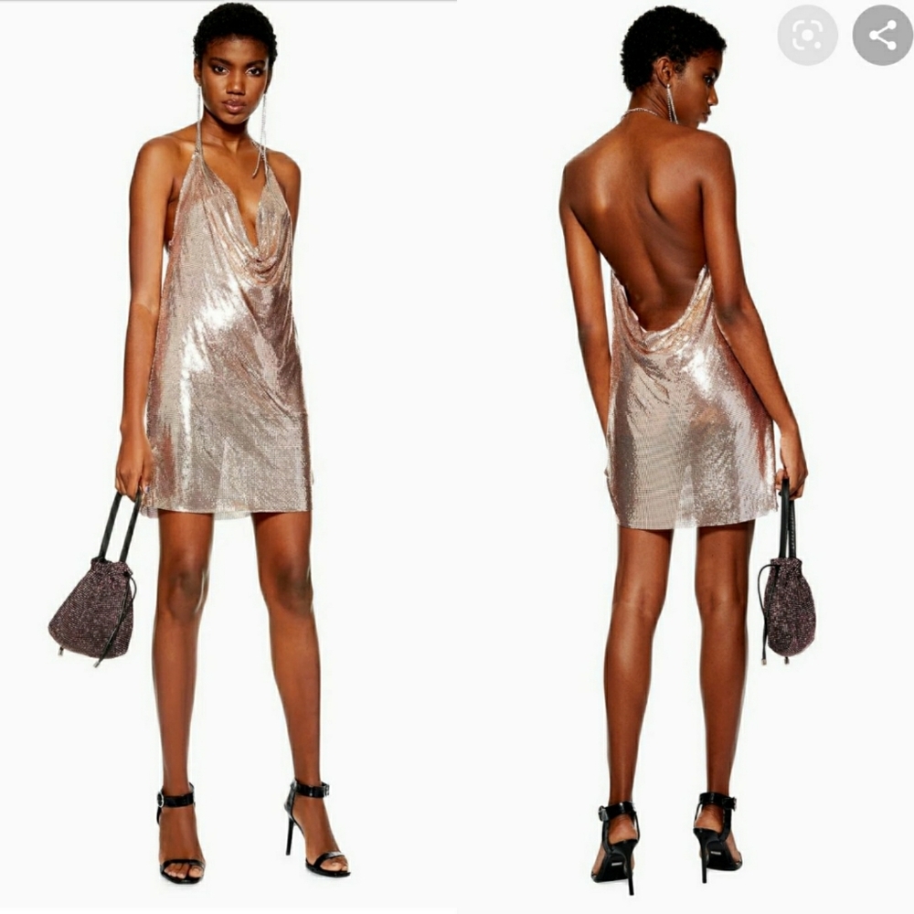 Topshop Rose Gold Chainmail Shift Dress 